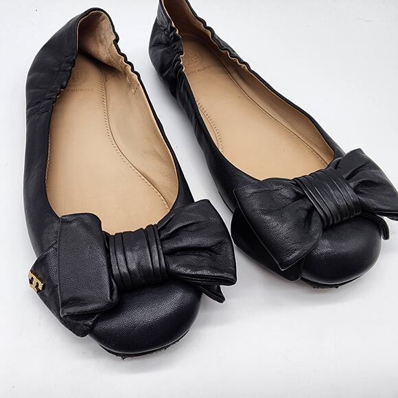 Tory Burch Divine Driver Bow Ballet Flats Black Leather Slip-on Shoes 7.5M - Picture 2 of 7